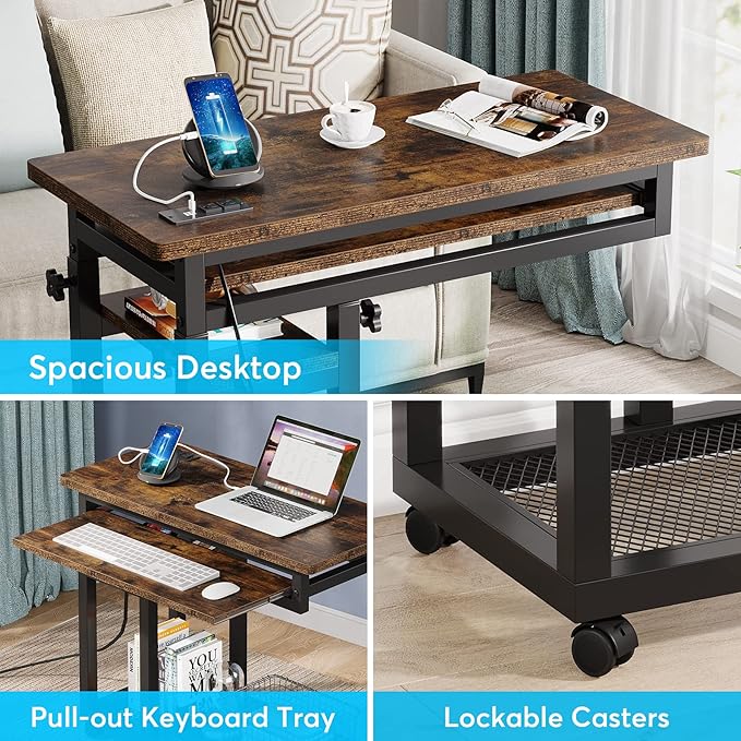 Tribesigns Small Portable Desk with Power Outlet Height Adjustable Sofa Couch Bedside Laptop Table with Wheels Mobile Standing Desk Rolling Computer Cart C Side Table with USB Ports