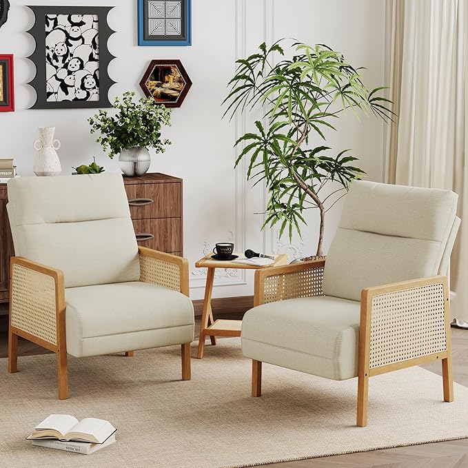 Andeworld Ivory Accent Chairs Set of 2Upholstered Modern Living Room Chairs with Natural Rattan ArmSide Chair for Bedroom Club Balcony Reception Room