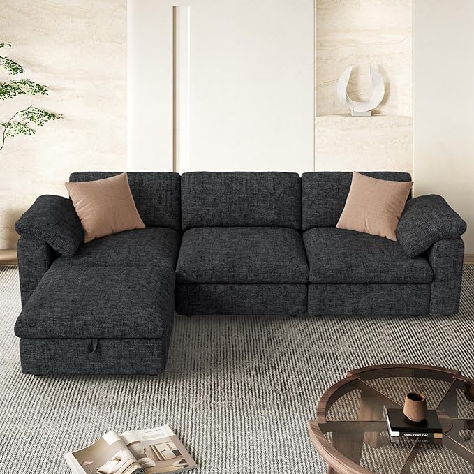 118 Oversized Modular Sectional Sofa L Shaped 3 Seaters with Storage Ottoman Cloud Couch Sofa Set Modern Convertible Chenille Deep Seat Sectional Couches for Living Room Black 1 PCS