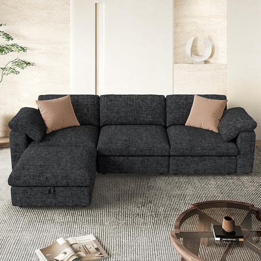 118 Oversized Modular Sectional Sofa L Shaped 3 Seaters with Storage Ottoman Cloud Couch Sofa Set Modern Convertible Chenille Deep Seat Sectional Couches for Living Room Black 1 PCS