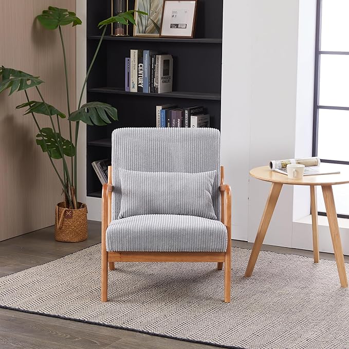Mid-Century Modern Accent Chair with Throw Pillow Upholstered Fabric Armchair Solid Wood Frame Reading Chair for Living RoomBedroomReadingBalcony (Light Gray &amp Brown)