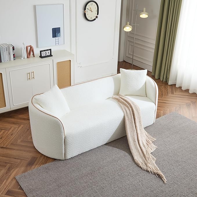 Merax 82 Boucle Curved Sofa 3-Seater Sofa Couch with 2 Pillows for Living Rooms Bedrooms Apartment Office Comfortable Thickened Seat Cushion Bear 900lbs White