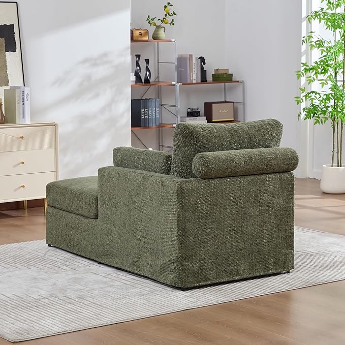 KEIKI 60 Chaise Lounge Chair Indoor Modern Deep Seat Sofa Bed Corduroy Couch with Cushions Single Sleeper Chair for Living Room Bedroom Apartments Green (Right Side)