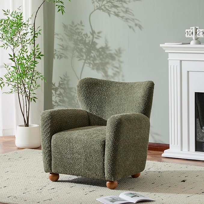 Christopher Knight Home Lindy Wingback Accent Chair Upholstered Armchair with Rounded Wooden Legs Curved Backrest Single Sofa Soft Cushion Seating Comfy Lounge Chair for Living Room Olive Green