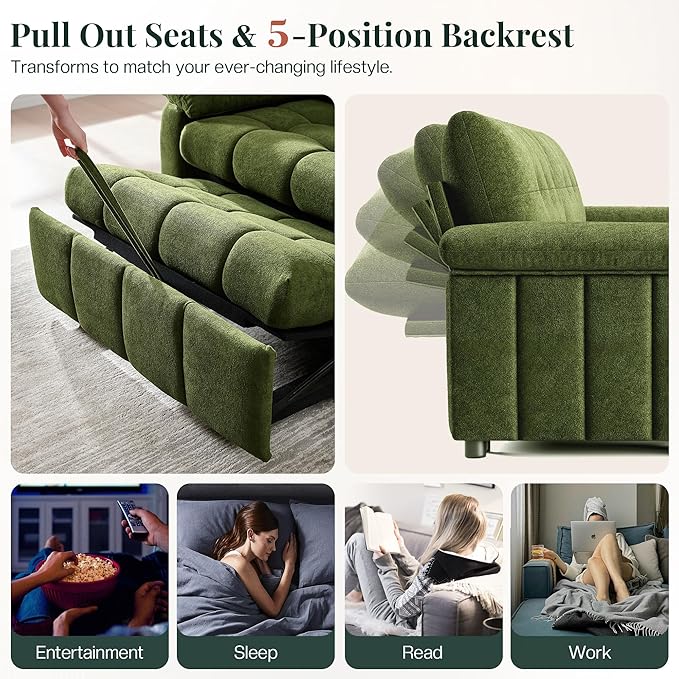 Jocisland 93” 4-in-1 Convertible Sofa Bed Cloud Sleeper Sofa Tufted Chenille 5-Position Adjustable Backrest 10-Minute Tool-Free Assembly Couches for Living Room Guest Room Green