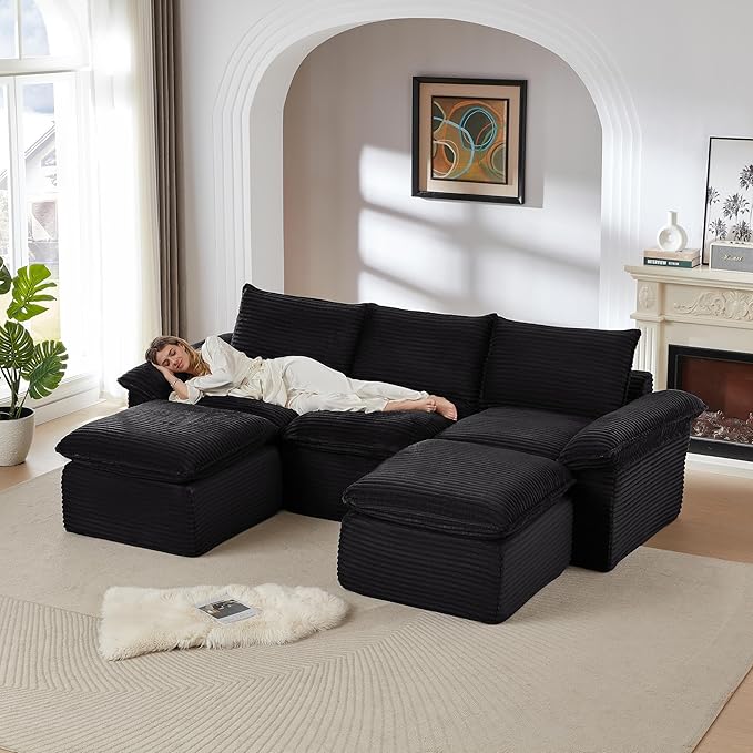 DEINPPA U Shape Modular Couch with Ottoman 5 Seat Cloud Sofa with Deep Seat for Living Room Apartment Corduroy Upholstered Comfy Couch-Black