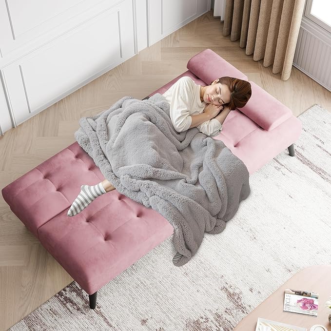JAMFLY Futon Sofa Bed 64 Small Futon Couch with Adjustable Backrest 3-Angle Recliner Detachable Armrests with Cup Holders for Small Spaces Living Room Office Apartment Study Room (Pink)