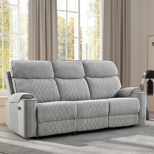 EBELLO Power Reclining Sofa Couch Fabric Electric Recliner 3 Seater Sofa with Cup Holders USB and Type-C Charging Ports and Storage Space 3 Seats for Small Living Room Bedroom Meeting Room Grey