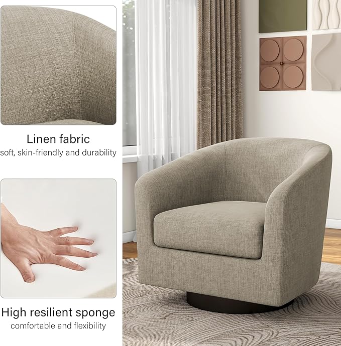 Swivel Barrel Accent Chair Modern Round Linen Arm Chair for Living Room Bedroom Comfy Club Reading Chairs for Adults（Linen Fabric Light Brown Set of 4