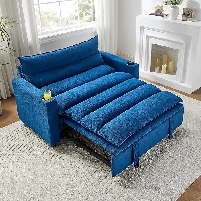 SLEERWAY 3 in 1 Convertible Sleeper Sofa Bed 56.3 W Easy Pull Out Couch Bed with Dual Cup Holders Comfy Thick Padding Futon Loveseat with Adjustable Backrest for Living Room Small Space (Blue)
