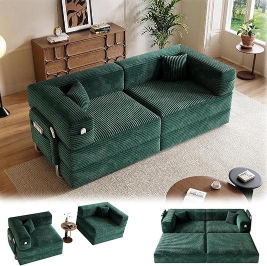 78 Compressed Convertible Sofa Bed Modular Corduroy Loveseat Sleeper with Fixed-Shape Frame Folding Mattress Couch with 2 Pillows for Living Room Bedroom Small Spaces No Assembly Needed Green