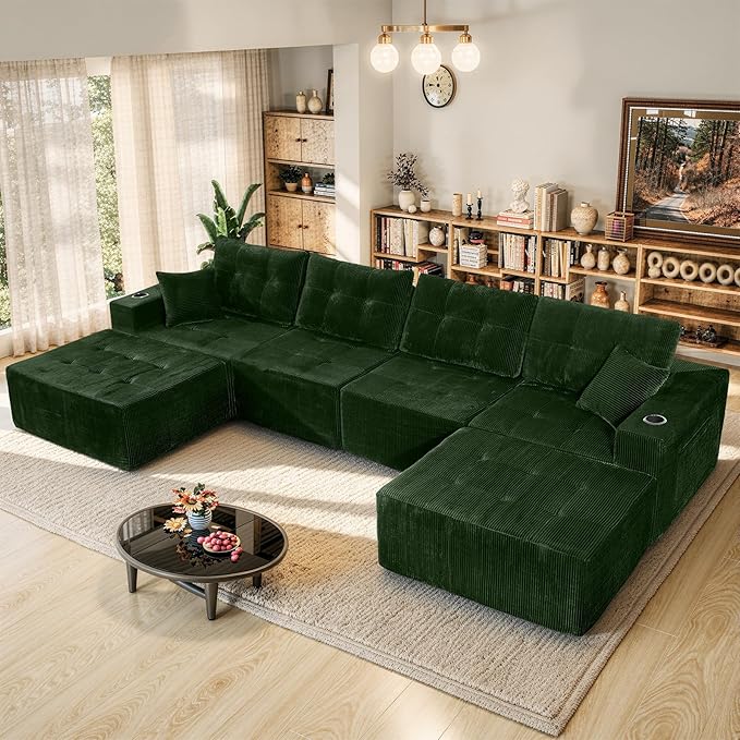 143 Modular Sectional Sofa for Living Room Convertible U-Shape Couch with Ottoman 6 Seater Modular Sectional SofaGreen Corduroy