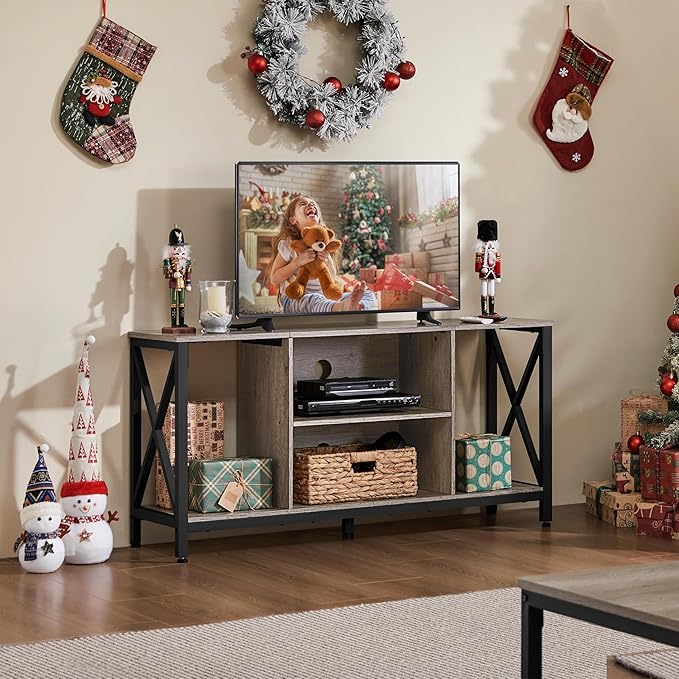 Yaheetech Industrial TV Stand for 55 Inch TV Entertainment Center Media Console Table with Open Storage for Living Room Wood Modern Furniture Gray