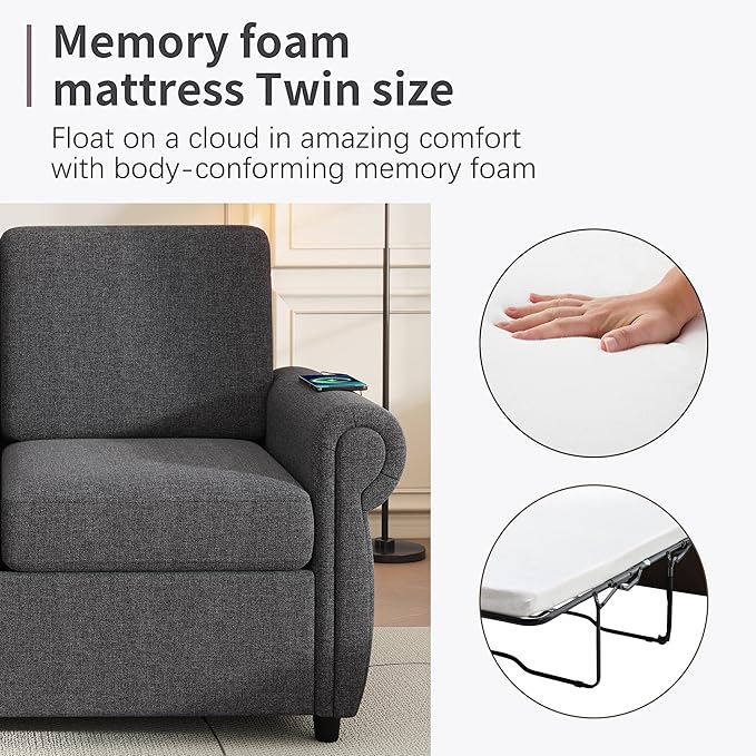 Pull Out Sofa Bed with Twin Size Memory Mattress 57.9 Linen Loveseat Sofa Sleeper Bed 2-in-1 Sleeper Sofa Bed Convertible Sleeper Sofa for Living Room Small Spaces (Gray 072)