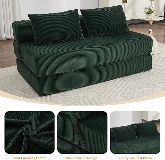 Folding Sofa Bed Full Size Convertible Sleeper Loveseat with 2 Pillows Corduroy Foldable Couch Bed Boneless Loveseat Couch for Living Room Apartment Small Spaces (Green)