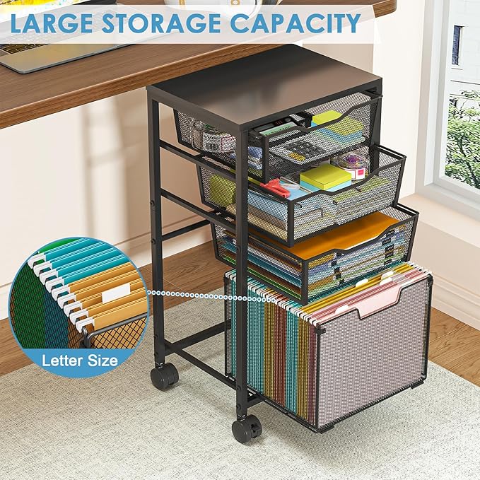 4 Drawers Rolling File Cart Under Desk Mobile Filing Cabinet with Wheels File Cabinets for Home Office Hanging File Folder Organizer Utility Craft Cart Printer Stand Black