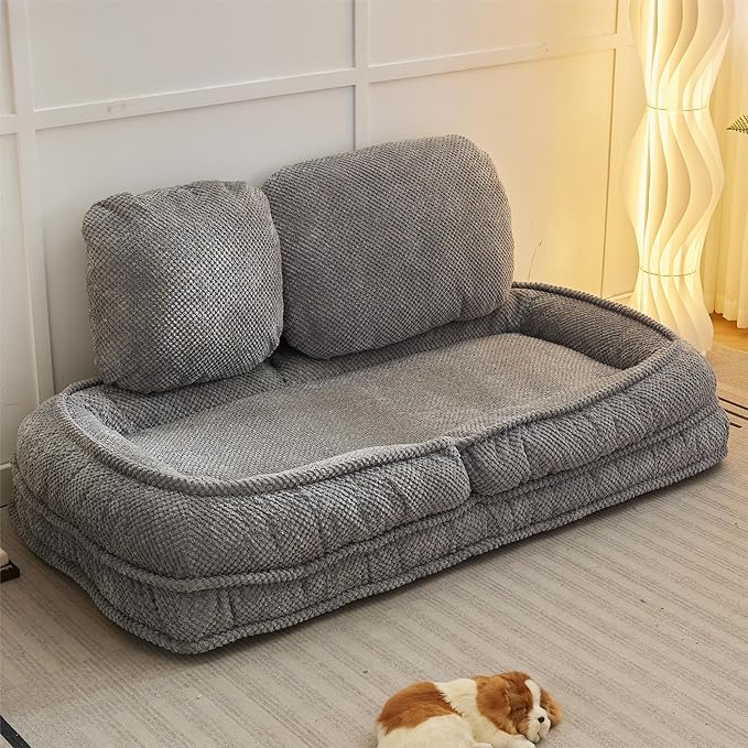 Lazy Sofa Couch 5 Adjustable Position Floor Sofa Fits with 2 Pillows Folding Tatami Lazy Bed Suit to Put in Bedroom Living Room (Gray)