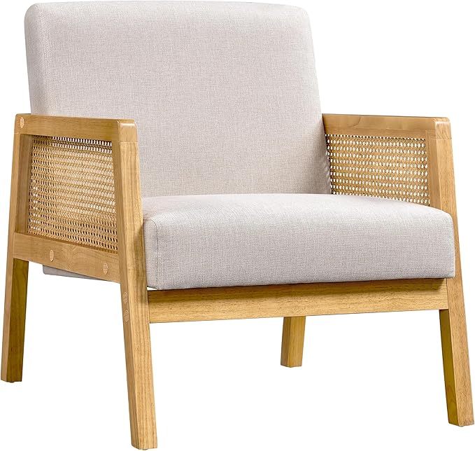 Topeakmart Accent Chair Armchair with Rattan Sides Modern Barrel Chairs for Living Room Bedroom Beige 1