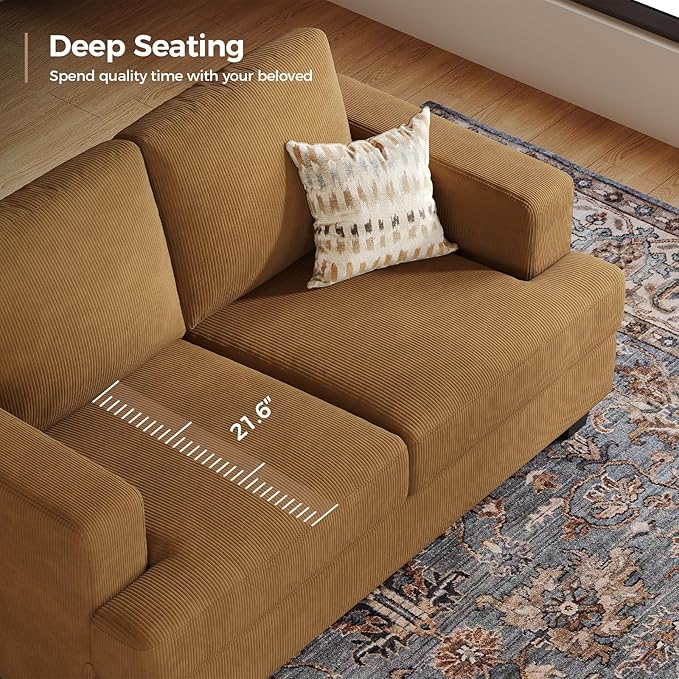63 Inch Sofa with Extra Deep Seats Oversize Corduroy Fabric 2 Seater Sofa for Living RoomModern Couch and Loveseat Comfy Armrests and Seats and Backrests Easy Installation Ginger Yellow