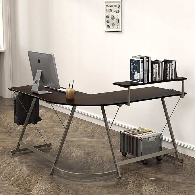 SHW 51 x 51 Inches Vista L-Shaped Desk with Monitor Stand and Drawer Espresso