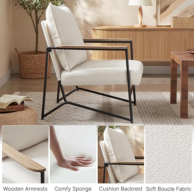 Zouron Fabric Accent Chair Upholstered Single Sofa Chair with Metal Frame Modern Living Room Chair with Wooden Armrests and Cushion Back 1Pcs White