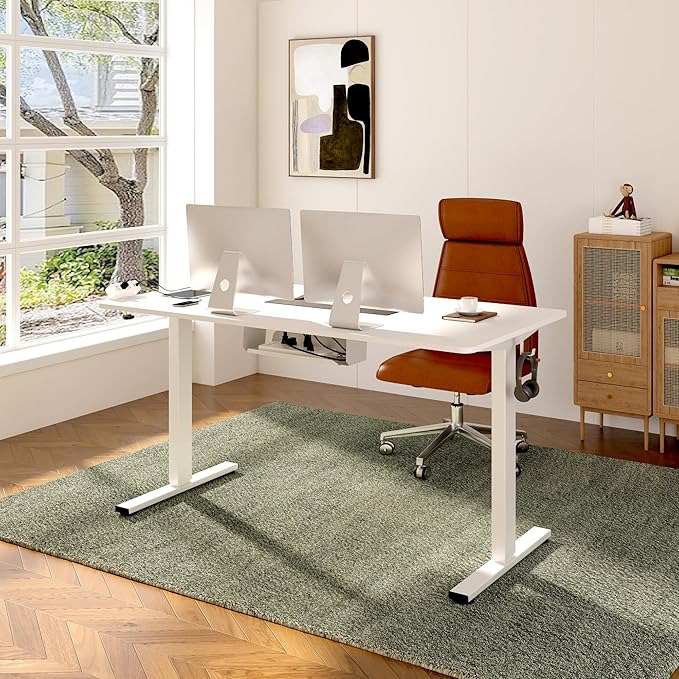 FLEXISPOT EN2 Whole-Piece Standing Desk with Clamp Power Strip 48x24 Electric Stand Up Height Adjustable Desk with Cable Management (White Frame + 48 White Top)
