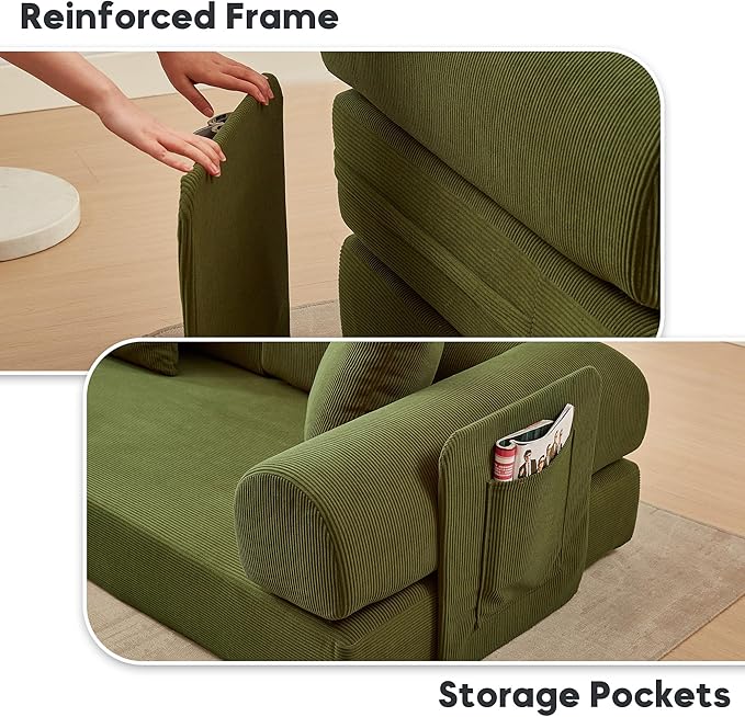 L Shaped Modular Sofa Bed with Cylindrical Pillow &amp Reversible Chaise Corduroy Folding Floor Convertible Sofa Couch Bed with Fixed-Shape Frame &amp Storage Pocket for Living Room Green