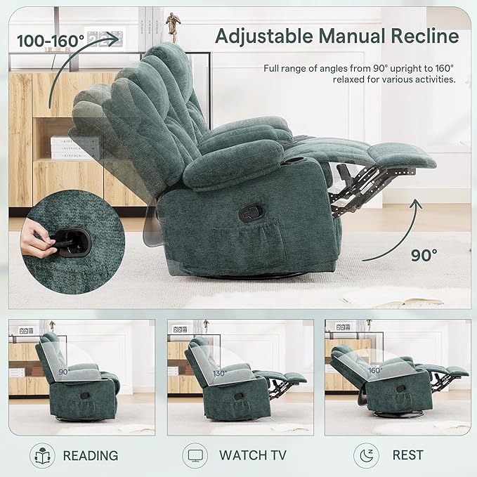 Swivel Rocker Recliner for Adults Manual Lazy Boy Recliner Chair with Cup Holders 360 Degree Rotating Nursery Rocking Chair Glider Recliner for Living Room (Green)