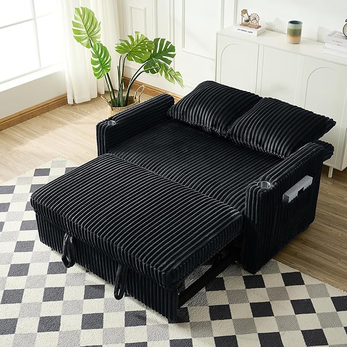 Hommoo Sleeper Sofa Couch with Pull Out Bed Convertible 3 in 1 Futon Lounge Sofa Small Love Seat for Living Room Apartment Comfy Corduroy Reclining Back with Cup Holder and USB Ports 53 Black