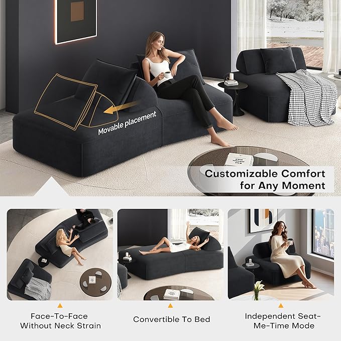 139 Modern Curved Sofa Cloud Sectional Couch with Adjustable Backrest Oversized Deep Seat Compressed Couch for Living Room Apartment No Assembly Required Chenille Fabric (Dark Grey)