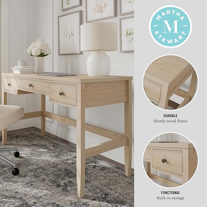 Martha Stewart Rhett Writing Desk with 3 Drawers and Tapered Legs in Light Natural with Antique Bronze Hardware