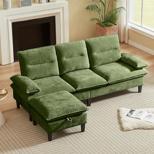 86'' Chenille Sofa with Storage Ottoman Modern Living Room Sofa with Removable Washable Cushion 3 Seater Comfy Couch for Apartment Bedroom Office (Green)