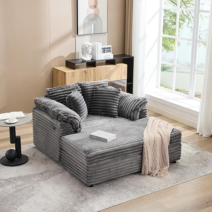 Oversized Chaise Lounge Chair Indoor Upholstered Sofa Bed with Throw Pillows and Armrests Comfy Corduroy Sleeper Couch with Cup Holders and Charging Port for Living Room Bedroom 60 Inch Wide Grey