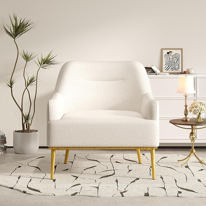 Christopher Knight Home Justin Modern Accent Chair with Metal Legs Chenille Upholstered Lounge Chair Indoor Curved Backrest Armchair Soft Cushion Seating for Living Room Reading Home Beige