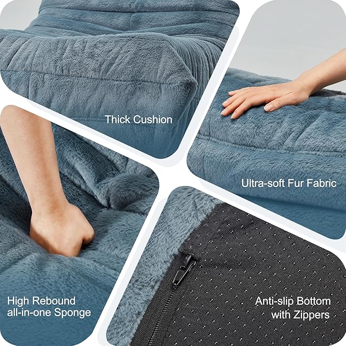 Bean Bag Chairs for Adults Giant Bean Bag Chair Memory Foam BeanBag Chair Bean Bag Sofa with Filler Faux Fur Fireside Beanbags Lazy Sofa for Living Room Bedroom Office (Bluegrey Plush Single)