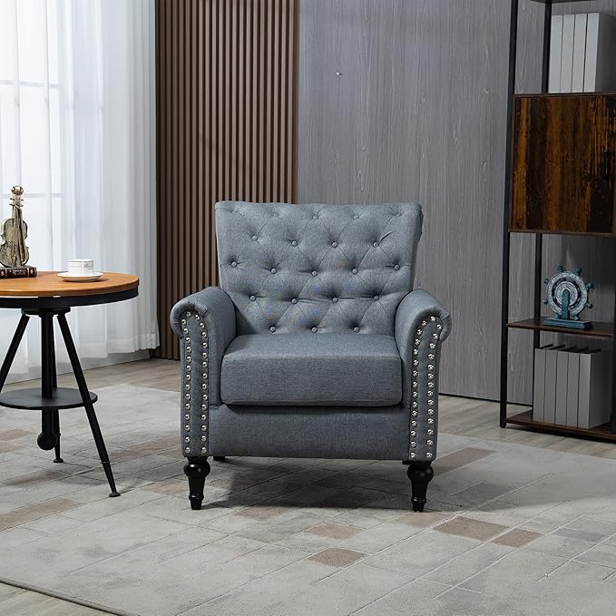 Mid Century Modern Accent Chair Linen Armchair wTufted BackWood Legs Upholstered Lounge Arm Chair Single Sofa for Living Room Bedroom Gray
