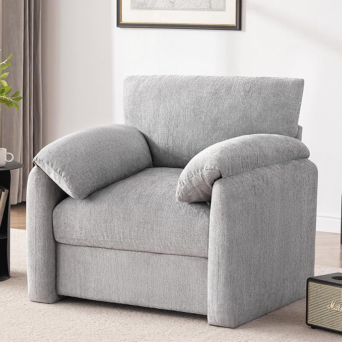 Chenille Oversized Armchair 38.6' Wide Accent Chairs for Living Room &amp Bedroom Modern Lounge Chair Upholstered Mid-Century Reading Chair Comfy Living Room Chair Single Sofa Chair Gray