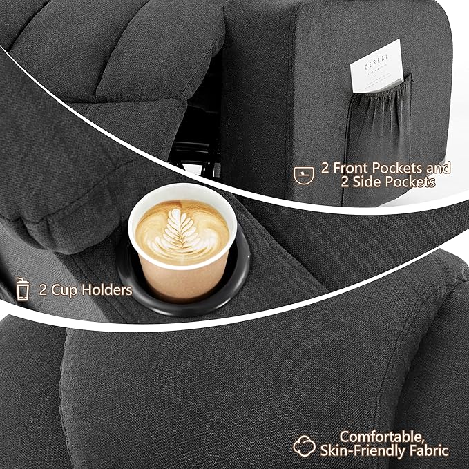 Massage Rocker Recliner Chair Ergonomic Rocking Recliner Sofa with Vibration Massage &amp Heat Reclining Fabric Nursery Chair for Living Room Lounge with 4 Pockets 2 Cup Holders Black