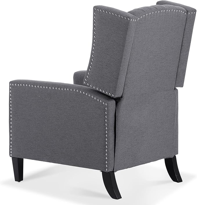 Pushback ReclinerComfortable Wingback Recliner Sofa Chair with Adjustable Backrest Tufted Fabric Upholstered ArmchairRetro Rivets Decorated Recliner for Living Room Bedroom Office Home (Grey)