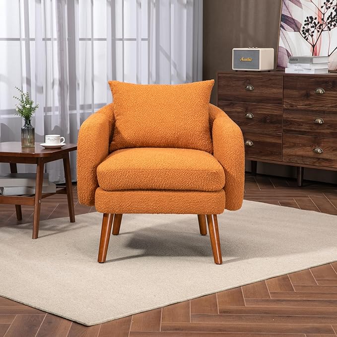 Mid Century Lounge Armchair with Boucle Fabric Solid Wood Legs and Comfortable Cushions Ideal for Bedroom and Living Room Reading and Relaxing (Orange)