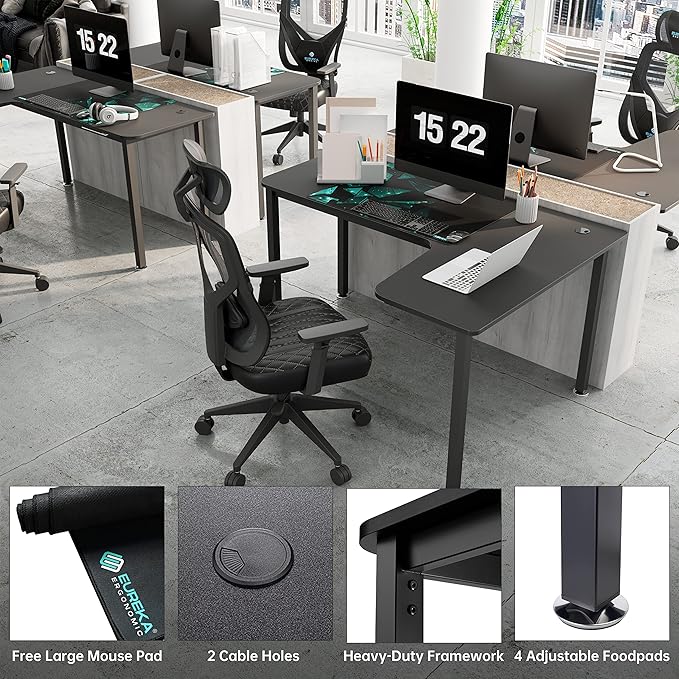 EUREKA ERGONOMIC 60 Inch Black Corner L Shaped Computer Desk Home Office Gaming Study Work Writing Table Long Large Sturdy Workstation Simple Modern with Metal Legs Right Side