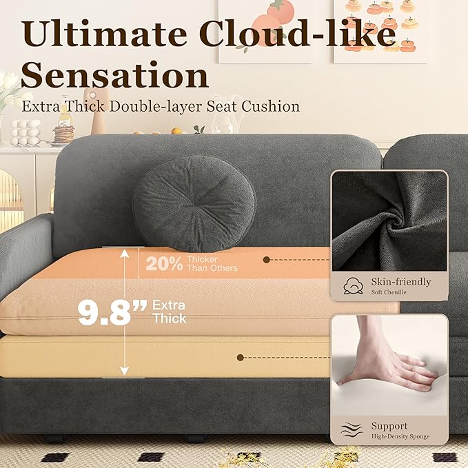 52.4'' Pull Out Couch Full-Size Futon Sofa Bed Convertible Sleeper Sofa Bed with USB Port Storage Pockets 2 Pillows Modern Chenille Loveseat Couches for Small Space Living Room Grey