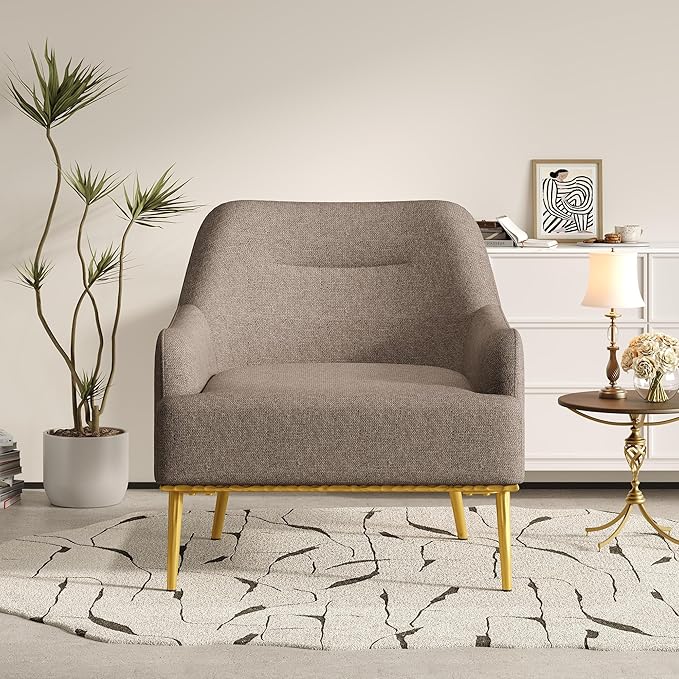 Merax Modern Curved Accent Chair Upholstered Armchair Single Sofa Chair with Curved Backrest and Gold Metal Legs for Living Room Bedroom or Reading Corner Brown