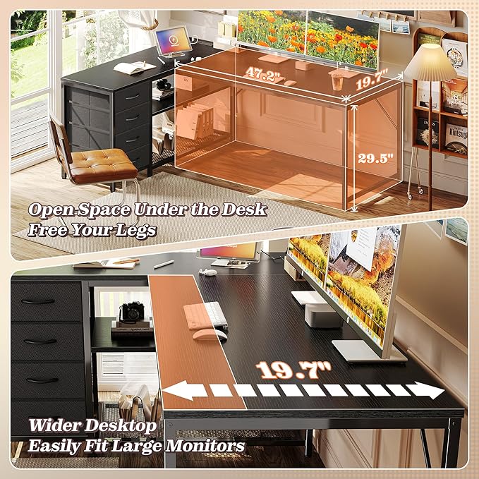 PRAISUN 61 L Shaped Desk with Power Outlets and USB-C Port Reversible Computer Corner Office Desk with 4 Fabric Drawers and 2 Height-Adjustable Shelves Large for Gaming Writing Work StudyBlack