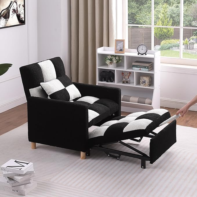 3-in-1 Convertible Chair Bed Single Sofa Bed Pull Out Sleeper with Adjustable Backrest Lounger for Living Room (Black White)