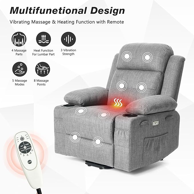 Power Lift Recliner Chair for Elderly with Massage &amp HeatLinen-Cotton Electric Recliner with USB Ports Cup Holders Side Pockets Lift Chair for Living Room Bedroom