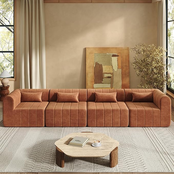 145.5 Inch Modular Full-Compressed Sectional Sofa Polyester Upholstered Modular Sofa with 4 Pieces Compressed Sponge Modular Couch for Living Room (Orange-X200)