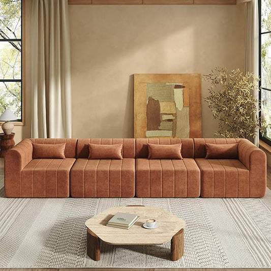 145.5 Inch Modular Full-Compressed Sectional SofaBeige Polyester Upholstered Modular Sofa with 4 PiecesCompressed Sponge Modular Couch for Living Room (Orange#81)