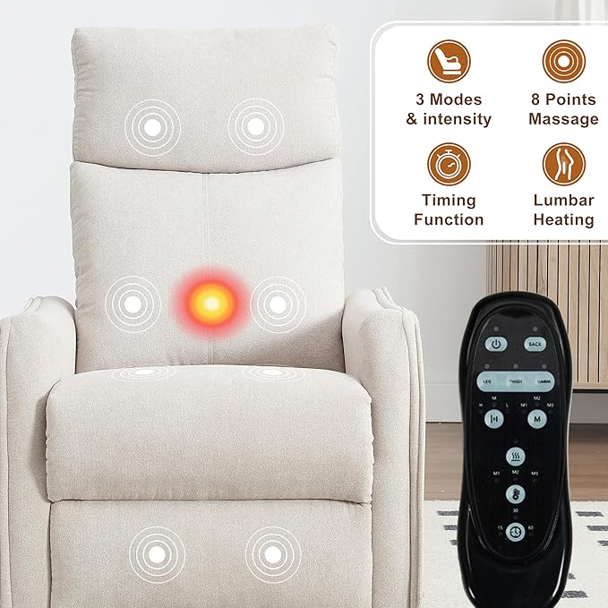 Manual 360° Swivel Rocker Recliner Chair for Adults Overstuffed Glider Chair for Nursery with Vibration Massage and Heat Comfy Soft Fabric Glider with Side Pockets for Living Room Beige