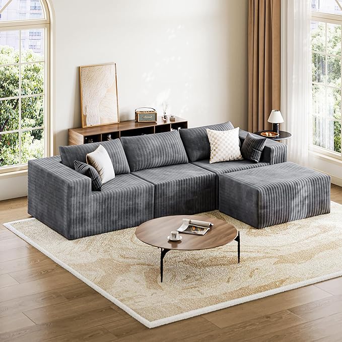 110 Boneless Couches for Living Room Cloud Couch Modular Sectional Sofa with Deep Seat Plush Large Foam Sofa L-Shape Sofa CouchNo Assembly Required Carbon Gray(Plush Corduroy Fabric)